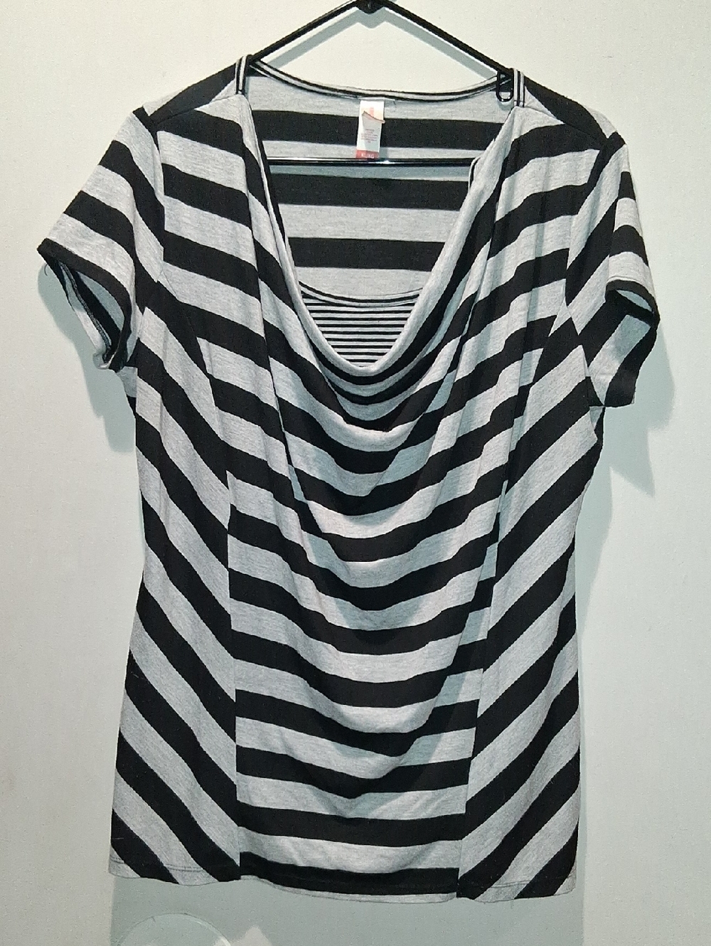 No Boundaries Black and Gray Striped Cowl Neck Short Sleeve Top